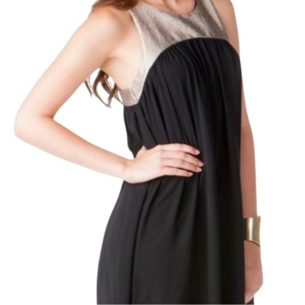 EVERLY Black High-Low Dress with Gold Metallic Yoke